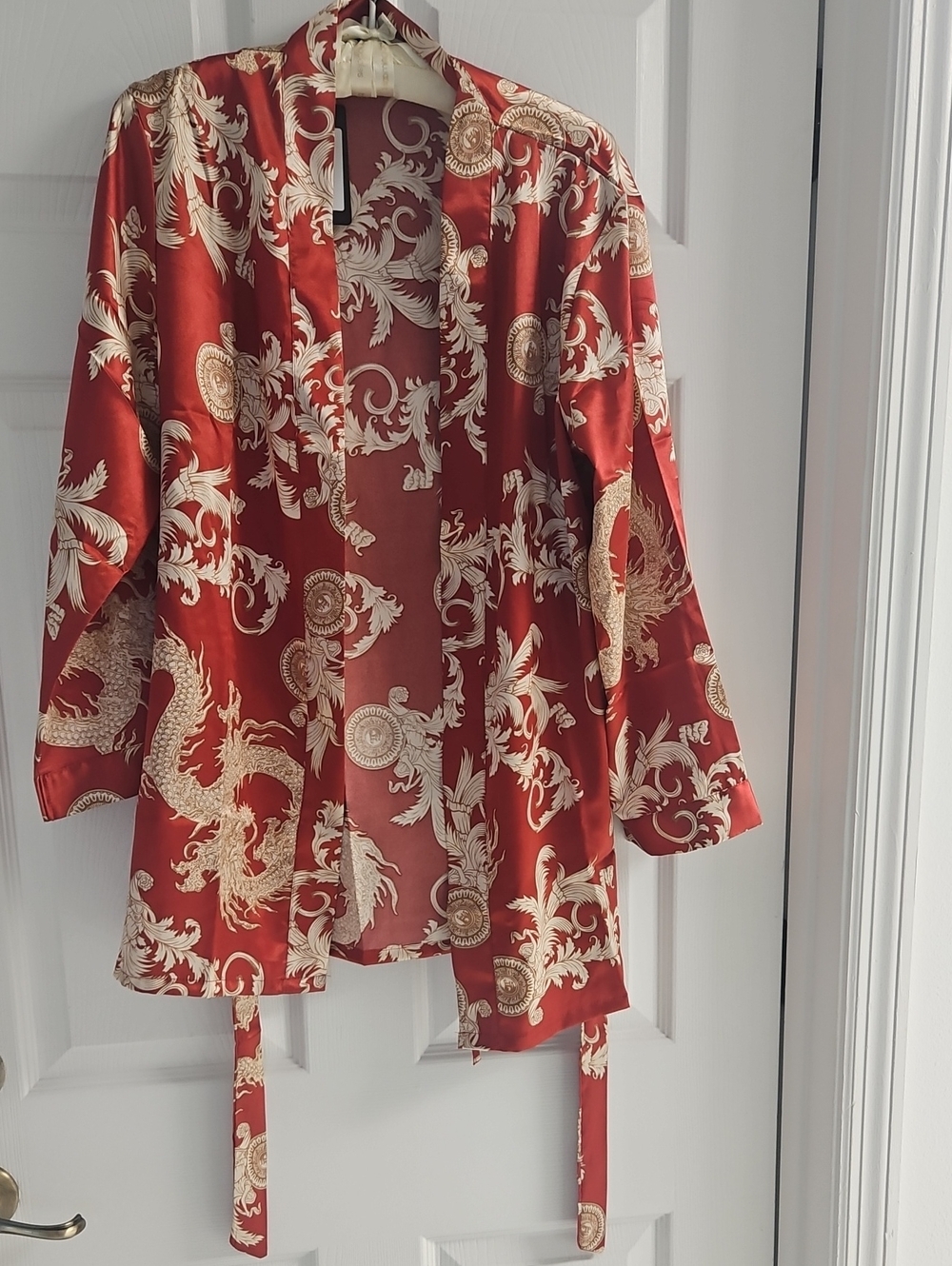 Women's Red Satin Baroque Print Kimono Robe